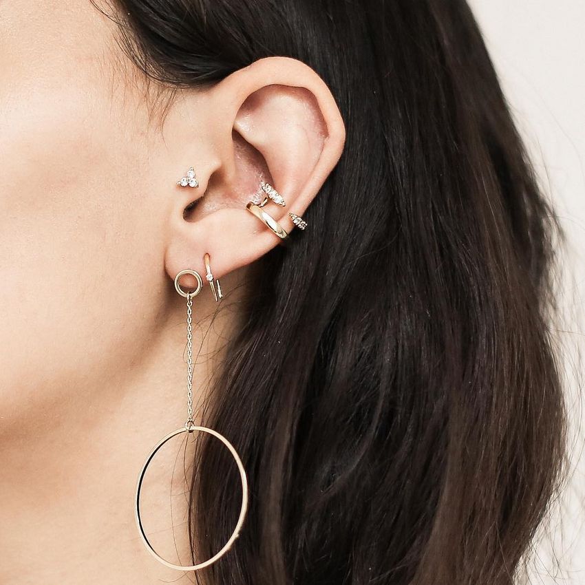 【MAISON MIRU】CRYSTAL TRINITY FLAT BACKピアス Crystal Trinity Threaded Flat Back Earring in 14k Gold