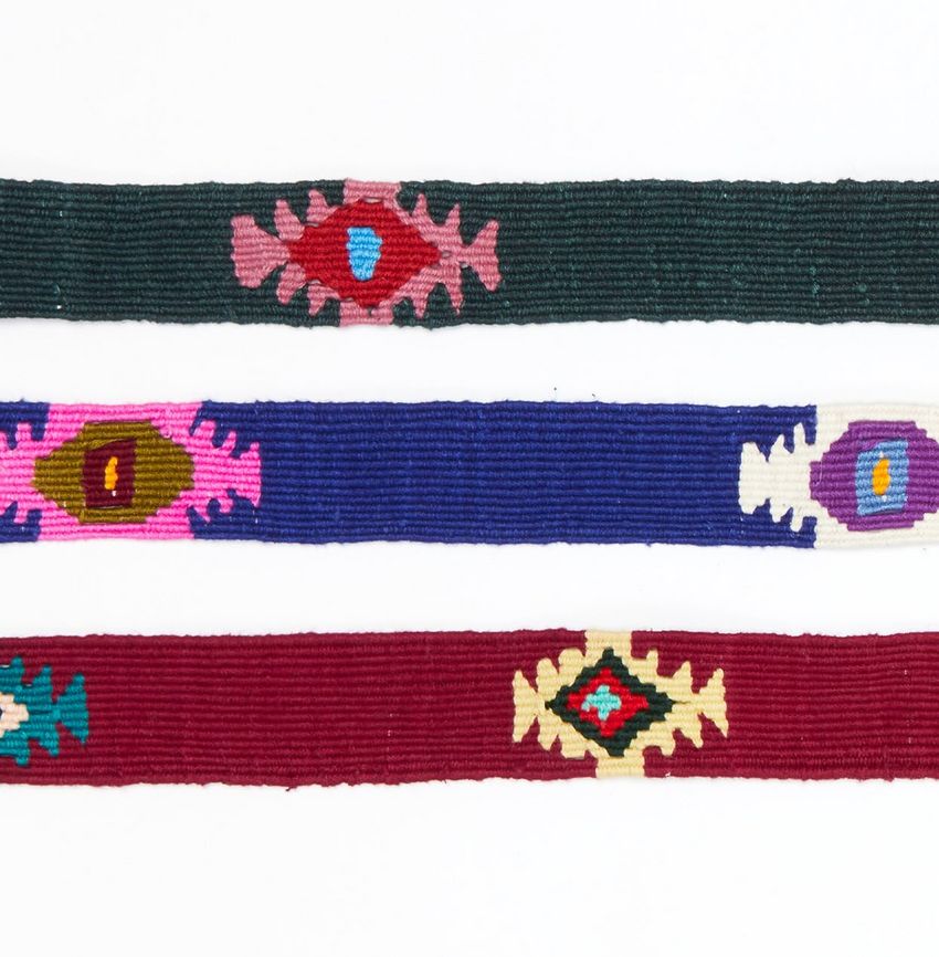 Hand-Loomed D-Ring Belt in Burgundy/Blue Tribal | Shop Sid